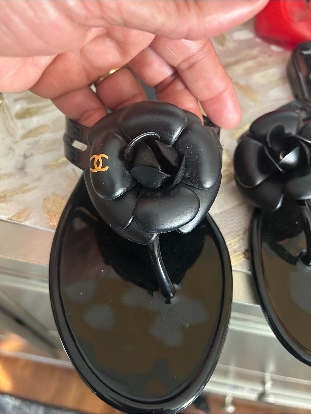 CHANEL Black Camellia Jelly Sandals with Double Straps - Picture 5 of 7